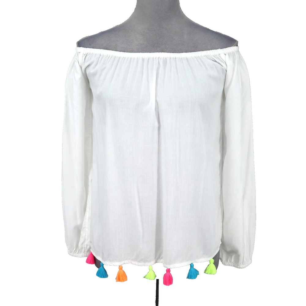 Lilly Pulitzer Top Womens 2XS White Blouse Tassels on Hem Off Shoulder Flaw XXS